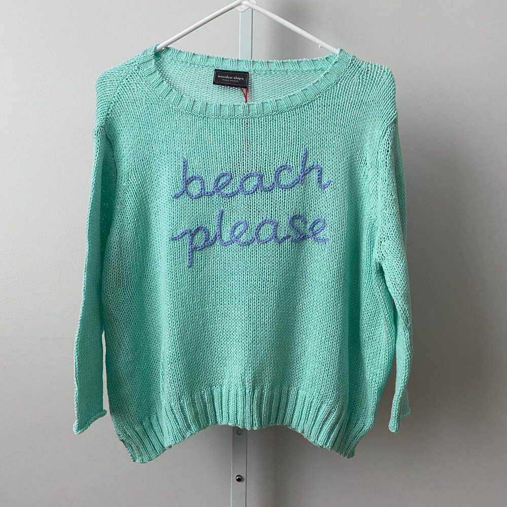 Wooden Ships Cotton Beachy Coastal Beach Please Graphic Knit Sweater XS/S Mint